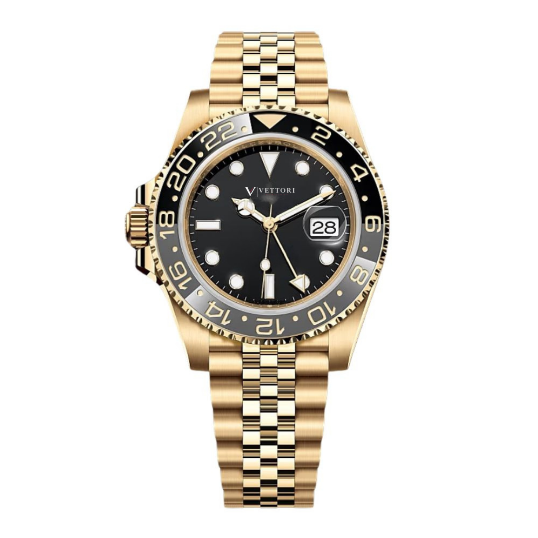 Vettori Dual Time 40mm – Black Dial | Gold Tone Jubilee Bracelet
