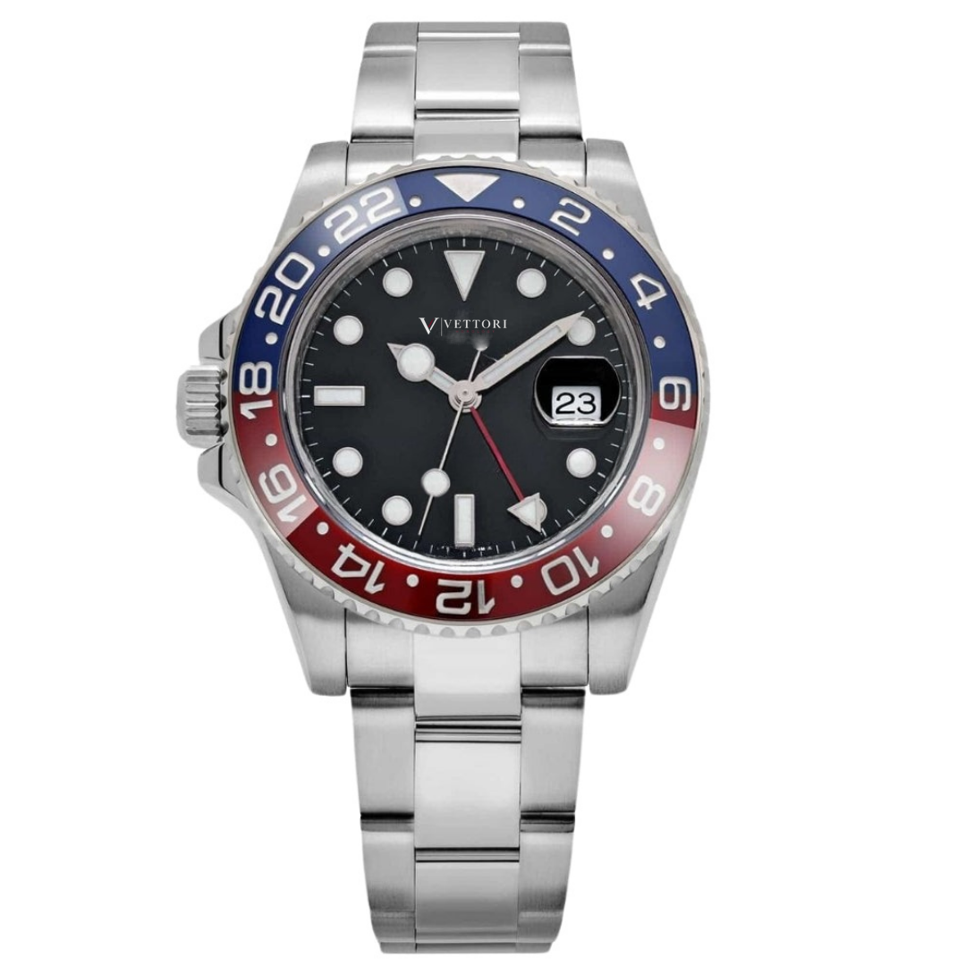 Vettori Dual Time 40mm – Black Dial | Steel Bracelet & Red-Blue Ceramic Bezel