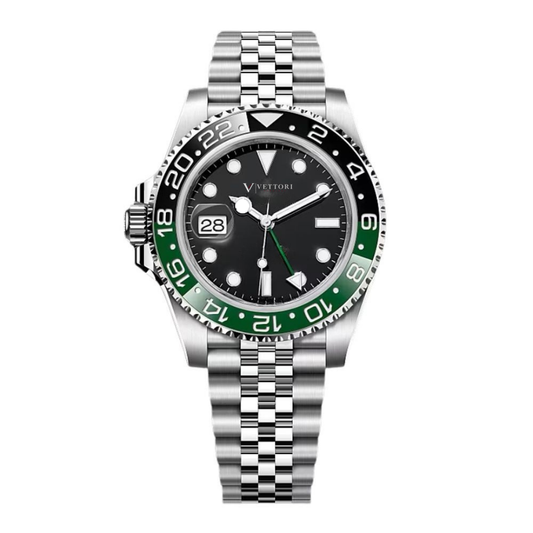 Vettori GMT Traveller 40mm – Black Dial | Stainless Steel Jubilee Bracelet & Black-Green Ceramic Bezel