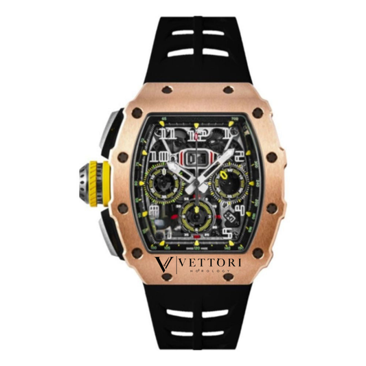 Vettori Skeleton Chronograph 44mm – Openworked Dial | Rose Gold Tone Case & Rubber Strap